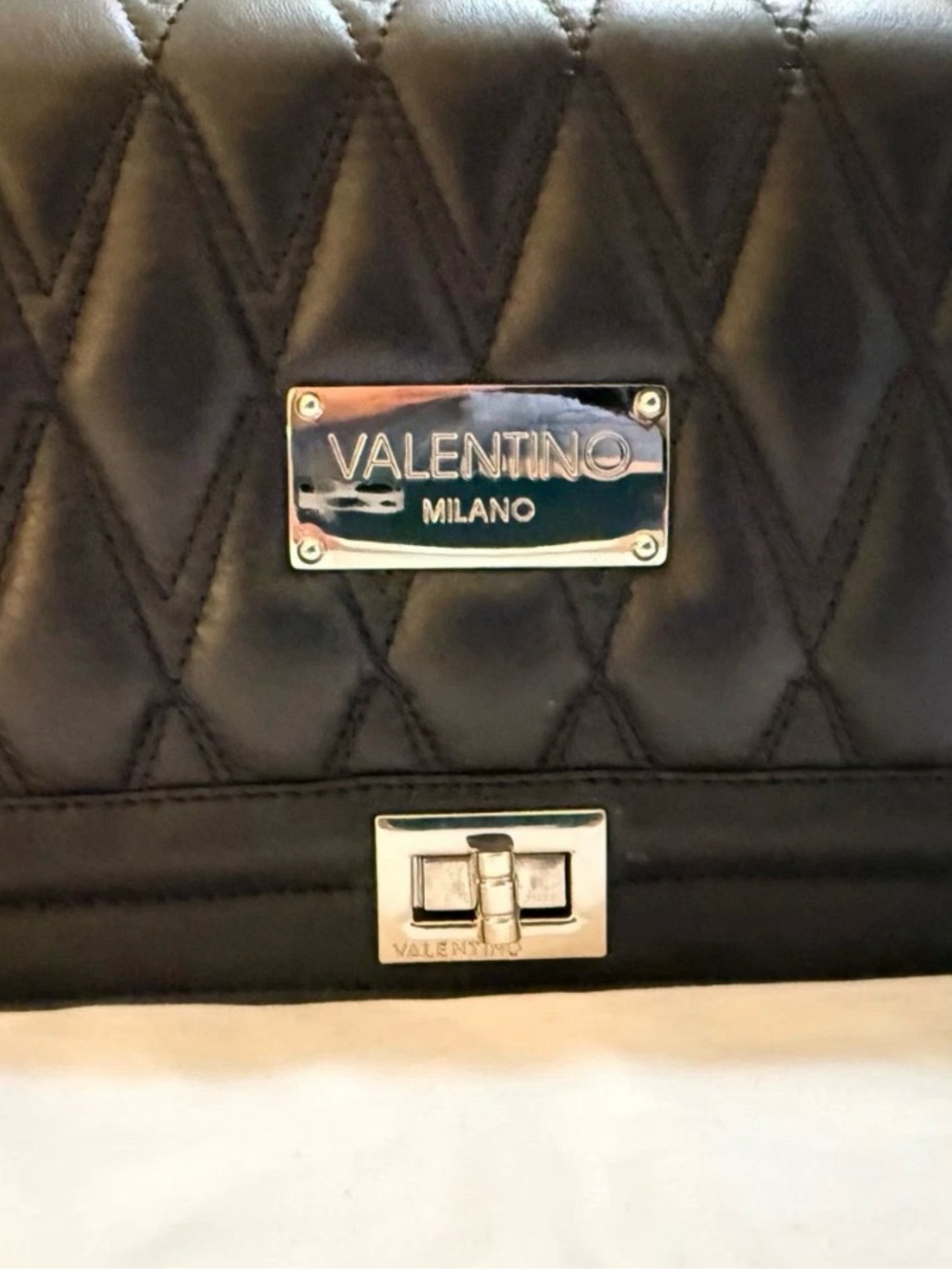 Valentino Milano Black Quilted Leather Shoulder Bag with Silver Hardware